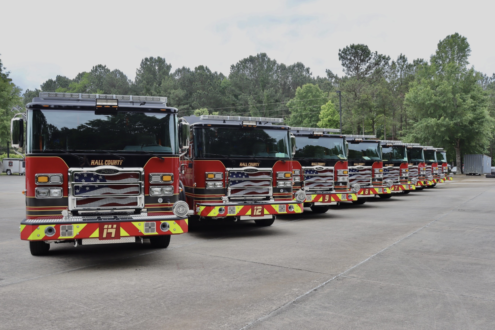A front facing row of firetrucks